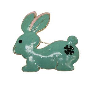 Green Bunny Brooch Pink Ears Rhinestone Accent Gold-Tone Easter Shamrock Spring